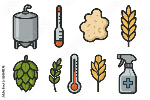 Homebrewing and craft beer brewing equipment icon set. Vector cartoon icons: fermenter, hydrometer, yeast, grain, hops, thermometer, sanitizer. Brewery process concept.