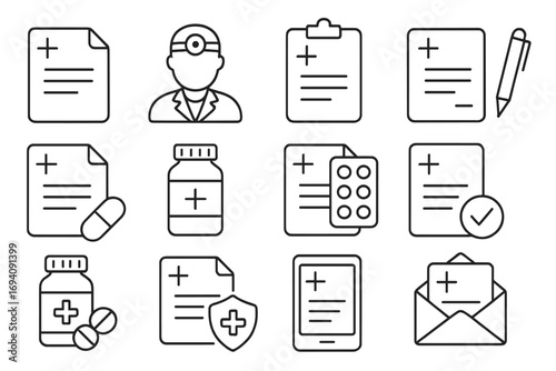 Medical prescription and healthcare line icon set. Doctor, medicine, pills, and pharmacy symbols. Includes patient record, online e-prescription, insurance, and medication.