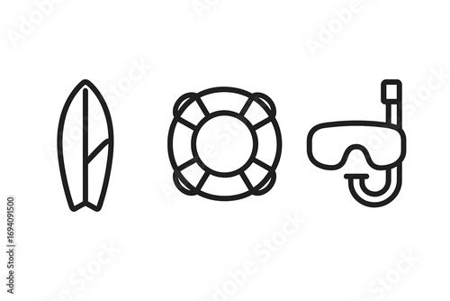 Summer beach vacation icon set. Surfboard, lifebuoy, diving mask, snorkel line art. Simple linear pictograms for water sports, sea safety, and travel concepts. Vector graphic.