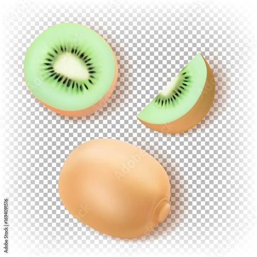 Cartoon vector kiwi on transparent background. 3d illustration of whole kiwi, kiwi slice, cut half of kiwi.