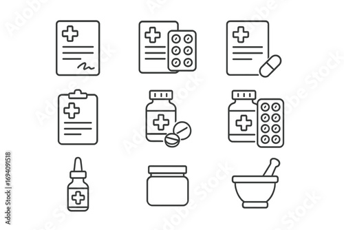 Medical and pharmacy icon set. Healthcare line icons collection. Doctor prescription, medicine pills, drug store symbols. Vector outline illustration for web and apps. Editable stroke.