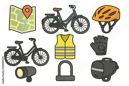 Set of cycling icons for urban commuting and city travel. Vector cartoon illustration of bicycle safety gear and accessories like helmet, map, lock, light, and reflective vest.