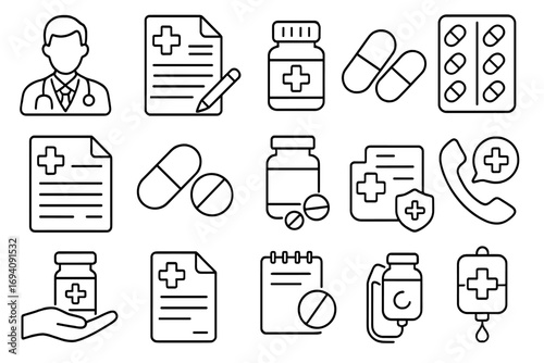 Medical icon set. Thin line icons collection for healthcare, pharmacy. Doctor, prescription, pills, medicine bottle, drug, capsule, iv drip. Health insurance, telemedicine concept.
