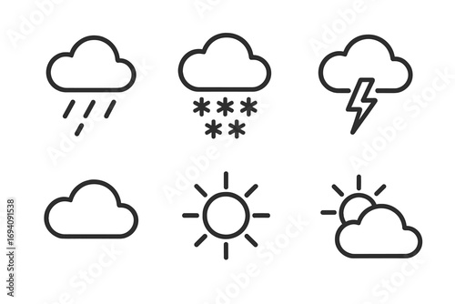 Weather forecast line icon set. Minimalistic linear pictogram collection with rain, snow, thunderstorm, sun, and cloud symbols for web design, apps, and user interface.