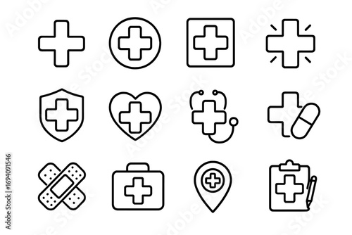Medical and health care line icon set. First aid, hospital, and pharmacy cross symbols. Vector collection for web, app, UI. Emergency, medicine, doctor, and clinic signs.