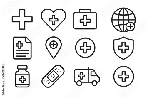 Medical icon set. Healthcare line icons. First aid. Emergency. Hospital symbol. Pharmacy. Doctor. Ambulance. Health. Medicine. Vector outline signs for web, app design.