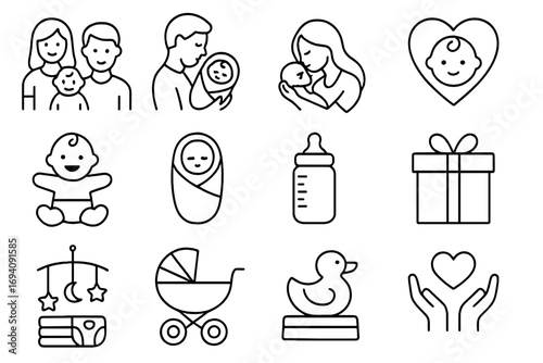 Baby care and family line icon set. Newborn, childcare, parenthood outline symbols. Vector collection for web design, apps, cards. Stroller, bottle, parent, infant icons.