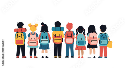 Diverse group of children with backpacks ready for educational adventures and school journeys