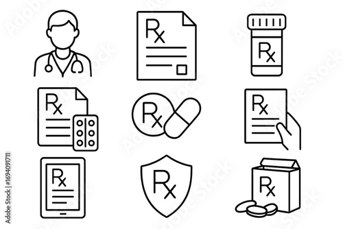 Medical prescription line icon set with editable stroke. Doctor, Rx symbol, pills, drug bottle, and pharmacy concepts. Healthcare vector illustration for web and apps.