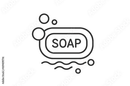 Soap bar line icon with bubbles and lather. Minimal vector illustration for hygiene and cleanliness. Symbol for washing, bathroom, spa, and skincare. Clean and fresh concept.