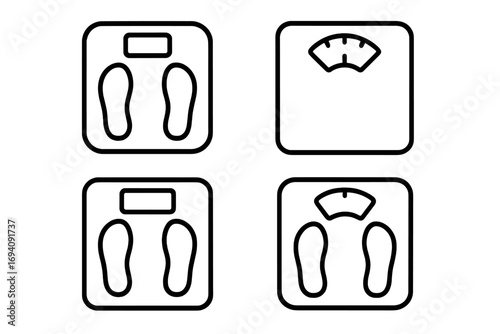 Floor scale line icon set for weight management. Concepts of diet, fitness, and health. Vector symbols for body weight measurement, fat loss, and nutrition control. Outline pictogram.