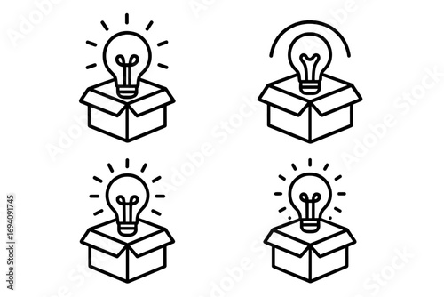 Thinking outside the box icon set. Light bulb in a box as a metaphor for creativity, innovation and new ideas. Solution and breakthrough concept. Outline vector illustration.