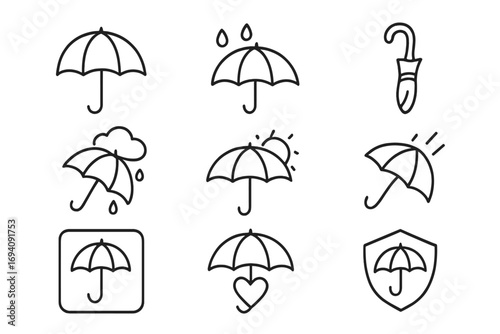 Umbrella line icon set. Weather forecast outline signs. Rain, sun, cloud, wind. Protection, security, insurance concept. Vector graphic design element for web, app, ui, ux.