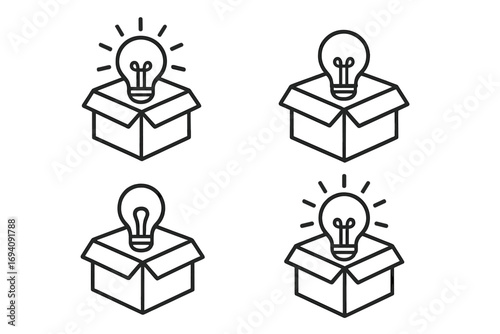 Thinking outside the box icon set. Unboxing new idea metaphor. Creative solution and innovation symbol. Light bulb in a box for startup, discovery, brainstorming and insight.