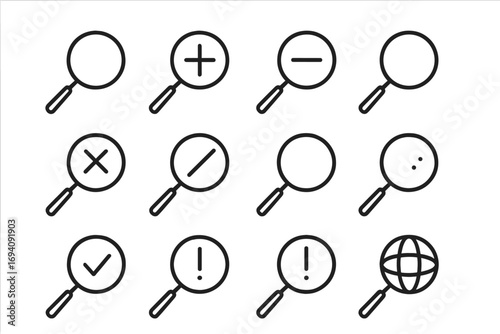 Magnifying glass line icon set. Minimalistic linear pictograms for web and graphic design. Search, zoom in, out, find, success, error, and web discovery symbols. UI UX.