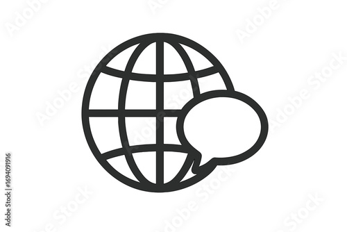 Global communication icon with globe and speech bubble. Worldwide chat, international language, and translation service concept. Vector logo for web, app, or social media.