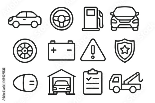 Car service and auto repair line icon set. Vector symbols for transport, driving, and vehicle maintenance. Icons include tow truck, battery, gas station, and garage. Editable stroke.