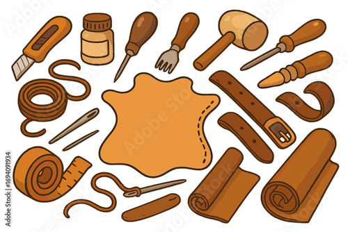 Leather crafting tools and materials set for handmade workshop. Vector illustration of leatherwork equipment. DIY hobby concept with cutter, awl, mallet and needle for sewing.