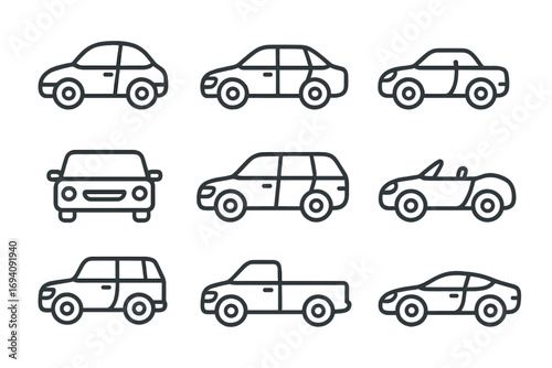 Car icon set. Line art vehicle symbols collection. Sedan, SUV, coupe, convertible, pickup truck automobile signs. Transport pictogram for web and app UI UX design. Editable stroke vector illustration.