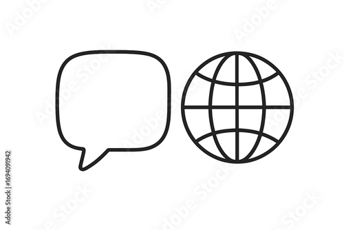 Global communication concept. Speech bubble and globe icon. Vector for international dialogue, language translation, world news and worldwide network. Thin line art illustration.
