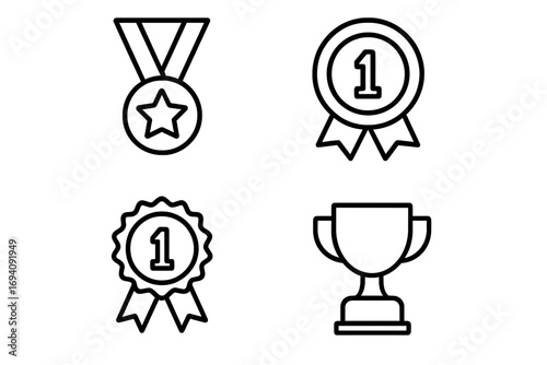 Medal and award vector icon set. First place winner trophy and prize symbols. Thin line icons for success, victory, and achievement. Editable stroke outline graphic element.