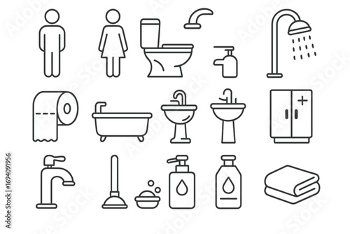 Bathroom and toilet related line icon set. Vector collection of outline symbols for personal hygiene, wc, and restroom. Includes toilet, shower, sink, bathtub, and soap icons.