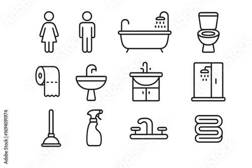 Bathroom line icon set. Toilet, bath, shower, sink, plunger, and restroom symbols. Vector outline signs for web design, hygiene, plumbing, and public facilities.