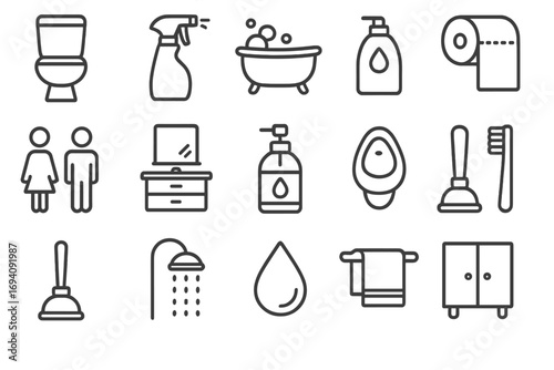 Bathroom and toilet line icon set. Vector collection of outline symbols for hygiene, cleaning, and restroom. Includes toilet, bath, shower, sink, and urinal pictograms for web and app design.
