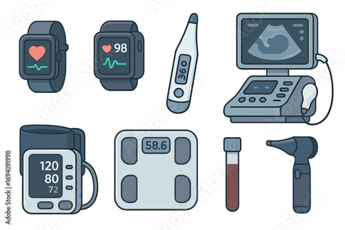 Medical technology icon set. Health monitoring and diagnostics tools. Smartwatch, ultrasound, thermometer, otoscope, scale, blood pressure monitor. Vector cartoon illustration.