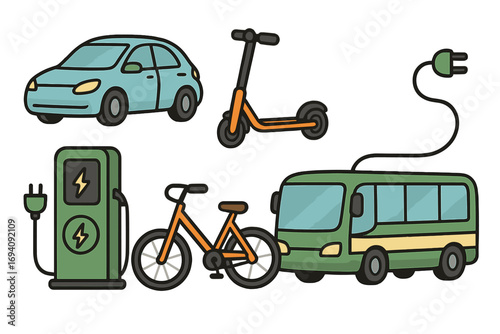 Set of modern eco friendly transport icons. Electric car, bus, scooter, bicycle and charging station. Green energy and sustainable urban mobility concept. Vector illustration.