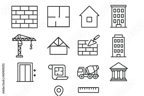 Building and construction line icon set. Vector symbols for architecture and engineering. Includes floor plan, blueprint, crane, brick wall, elevator, and concrete mixer truck.