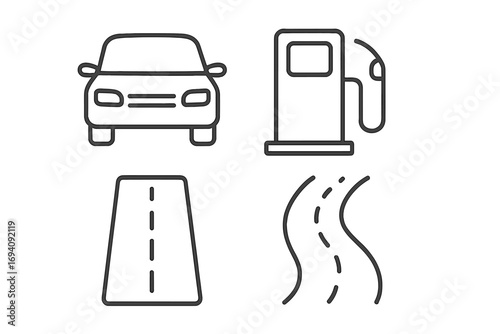 Car, gas station, and road thin line icon set. Automotive and travel concepts. Outline vector signs for web design, apps, and infographics. Fuel pump, highway, and car symbols.