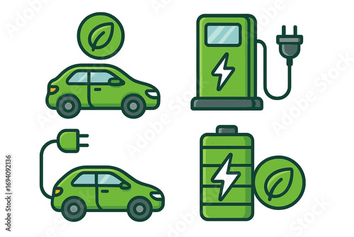 Electric car icon set. Green energy, EV transportation concept. Automobile charging station, battery power, and eco-friendly leaf symbol. Vector cartoon illustration.