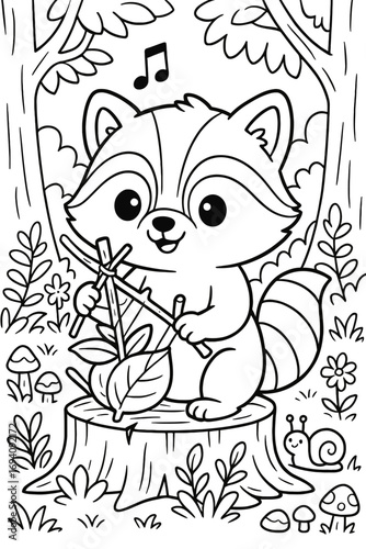 Cute raccoon playing a musical instrument in a forest clearing drawing