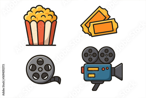 Movie night icon set. Cinema entertainment essentials with popcorn, tickets, film reel, and retro camera. Vector cartoon illustration for filmmaking and moviegoing concepts.