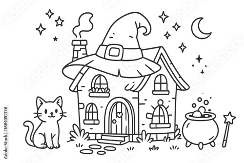 Witch house line art for coloring book. Cute cat, magic cauldron, and wand. Halloween vector illustration. Fantasy fairy tale home with hat, moon, and stars.