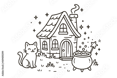 Charming witch house with a cute cat, magic cauldron, and wand. Vector line art for Halloween. Fantasy cottage for coloring. Spooky witchcraft and sorcery concept.