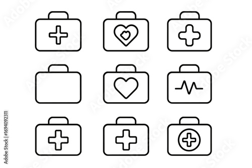 Medical bag line icon set. First aid kit outline symbols. Doctor case with cross, heart, pulse sign. Emergency healthcare vector pictogram collection. Editable stroke.
