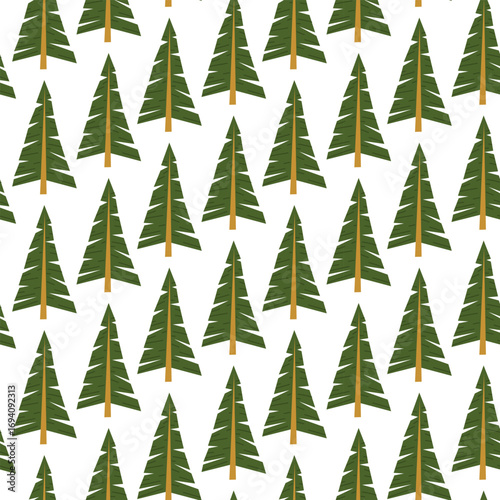 Pattern of triangular pointed Christmas trees, bright green. Dense forest on white. Flat colored seamless texture. Natural forest motifs. Design for picnic, camping, and forest walks