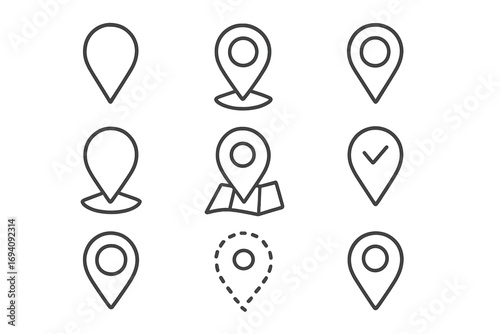Set of map pin line icons. Vector location markers for navigation, GPS, and destination. Pointer symbols for web, apps, and graphic design. Check in, position concepts.