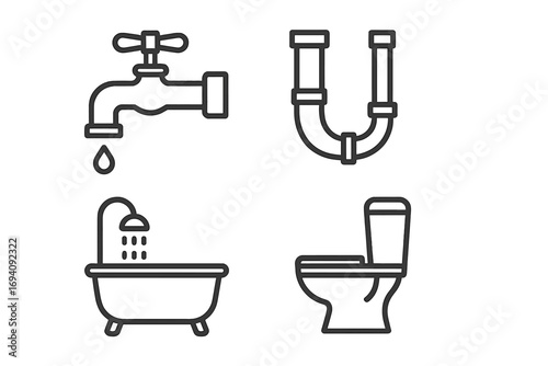 Plumbing service line icon set. Faucet, pipe, bathtub, toilet symbols. Sanitary engineering outline pictogram collection for web, app. Simple bathroom equipment vector graphic.