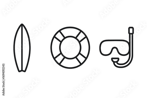 Water sports line icon collection. Surfboard, life preserver, snorkel mask symbols. Summer travel, ocean safety, beach recreation concepts. Minimal vector pictogram set.