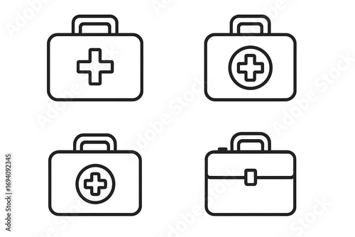 First aid kit line icon set. Medical suitcase and doctor bag outline symbols. Emergency healthcare pictogram collection. Simple vector illustration with editable stroke.
