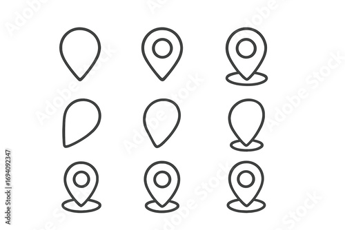 Set of map pin line icons. Location marker and geotag pointer symbols for navigation and GPS. Minimalist outline vector pictograms for UI, UX, web, and application design.
