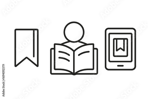 Reading and education line icon set. Person with book, digital ebook on tablet and bookmark symbols. Concept of knowledge, study, library, learning, literature and e-reading.