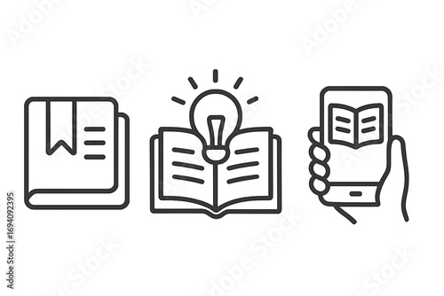 Reading and learning line icon set. Education, knowledge, and literature symbols. Vector icons of a book with bookmark, e-book on phone, and open book with a lightbulb.