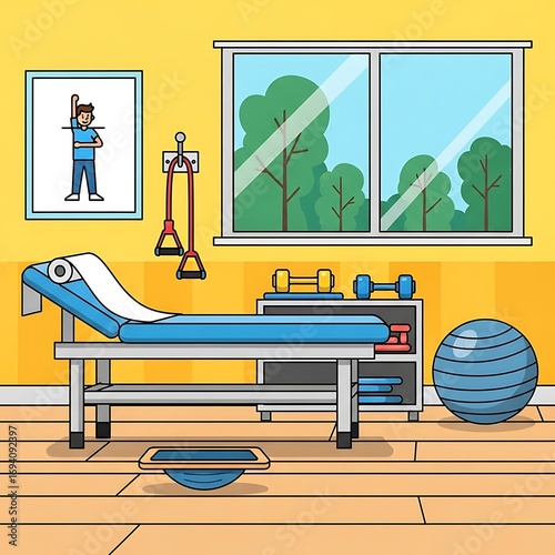 Physical therapy room illustration with adjustable bed, equipment and calming nature scene outside the window