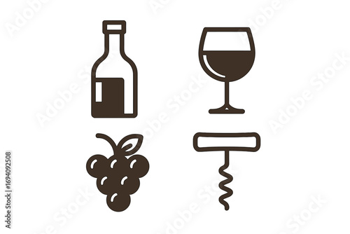 Wine icon set with bottle, glass, grapes, corkscrew. Simple linear vector graphic for restaurant menu, bar, or winery. Alcohol and beverage concept for web design or apps.