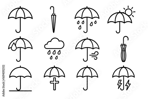 Umbrella weather icon set. Vector thin line art collection for web and apps. Includes rain, sun, wind, storm, and protection symbols. Editable stroke for custom design.