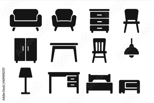 Furniture icon set. Minimalist black silhouette collection for interior design. Home decor symbols like sofa, chair, table, bed, lamp, desk. Vector flat pictograms for web.